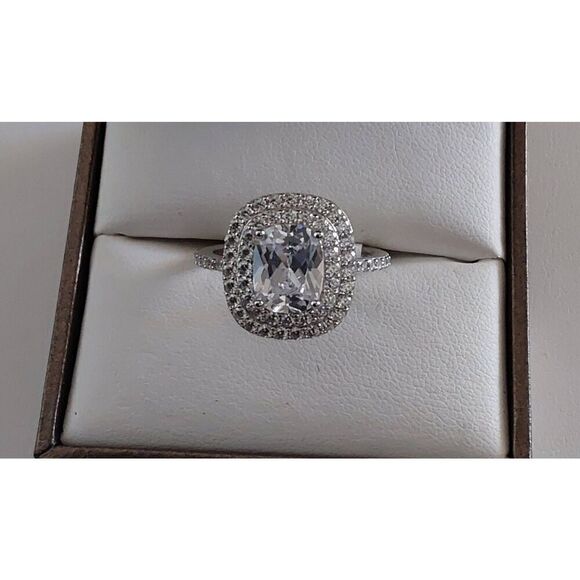 Genuine Diamond Simulant 5.15 Ct. Cushion & Round Triple Halo Engagement Ring #8 - Picture 1 of 4